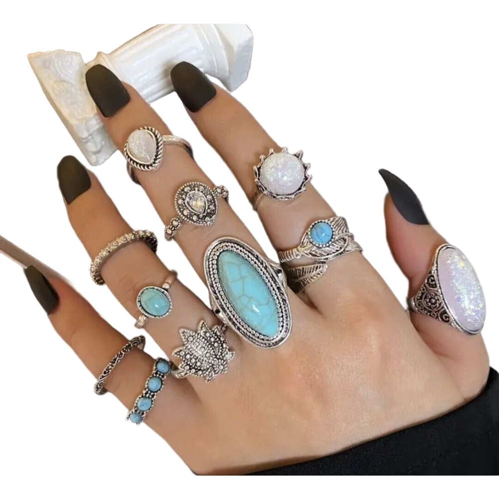 20 Pc Rings Bohemian Hippie stacking rings Boho Jewelry Blue Black Silver - Picture 7 of 7